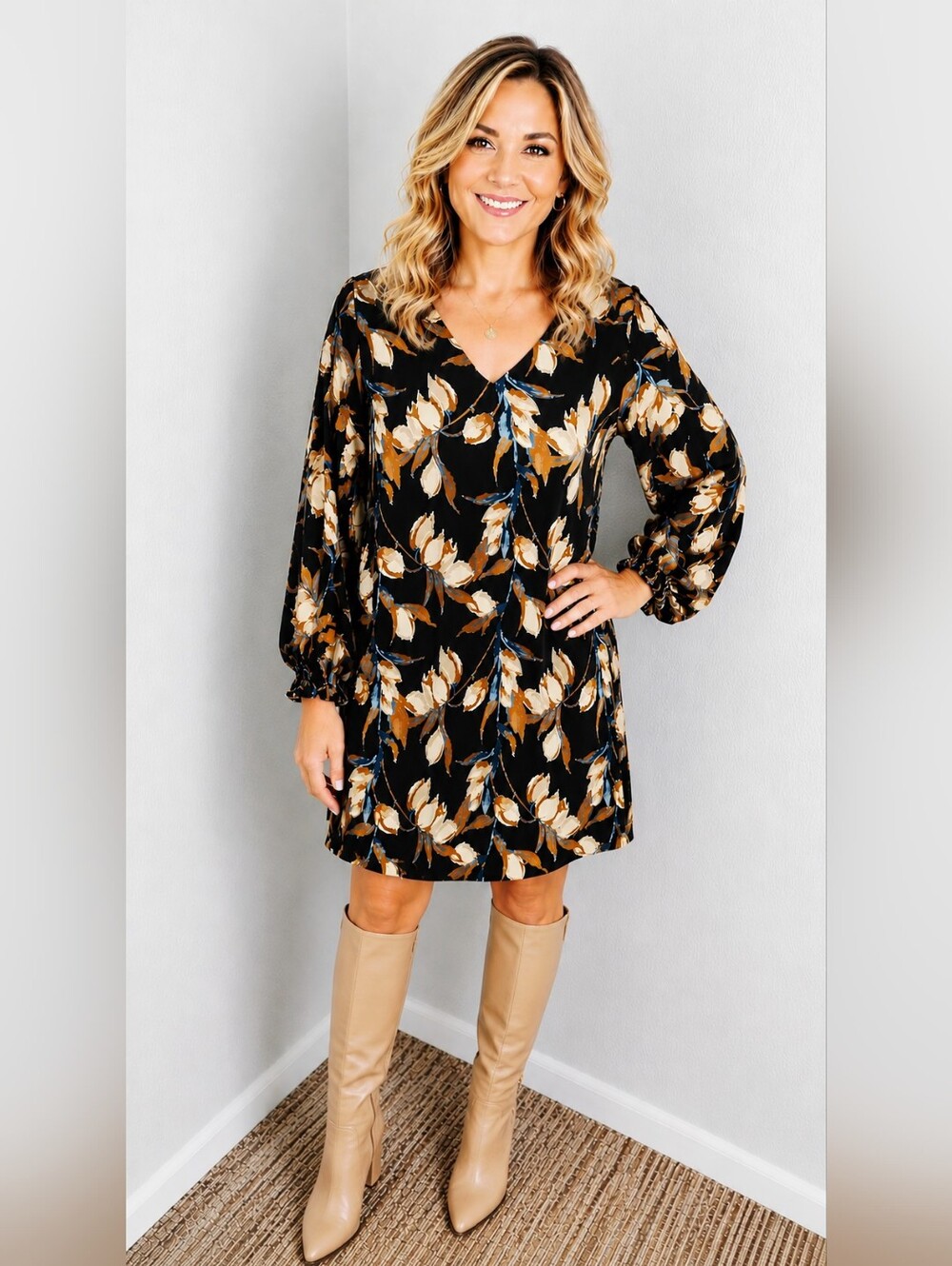 Adrienne Black, Cream, Blue Rust Floral Shift Dress Long Balloon Sleeves, Small